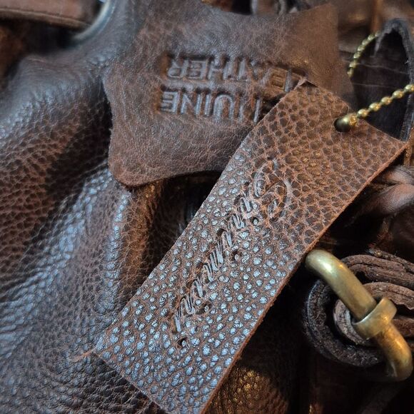 Sirimiri Leather Brown Backpack Distressed BOHO Look Tassels Cotton Lining Nwt - Picture 4 of 12